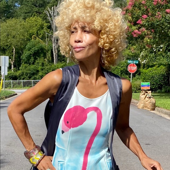 OOAK handpainted flamingo neoprene dress fit flare - Picture 6 of 10